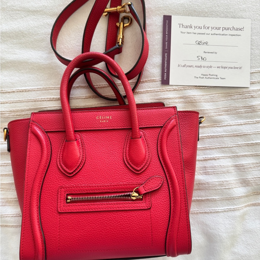 Posh authenticated Celine Red Leather Luggage Bag Nano